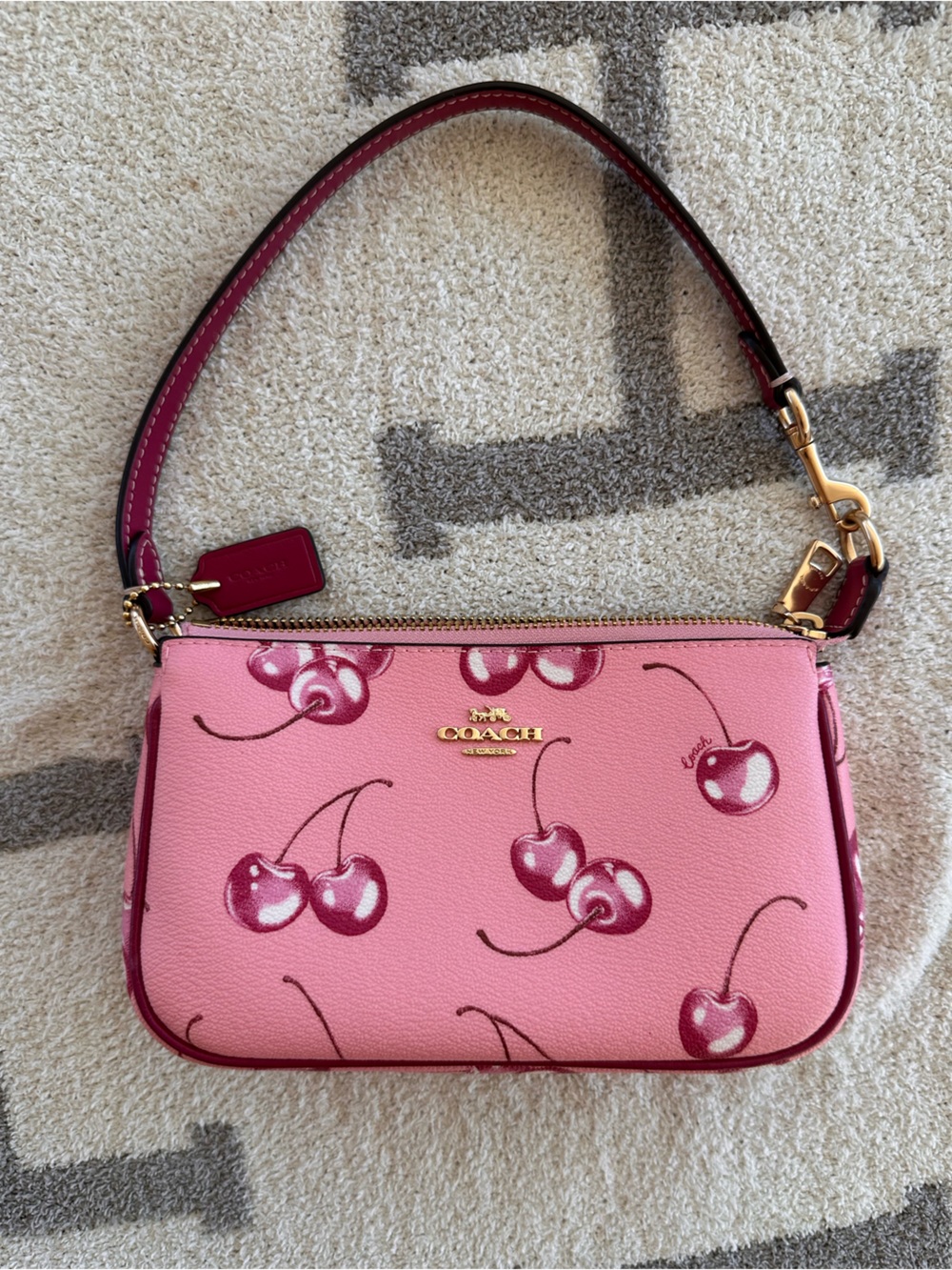 Coach Pink Cherry Print Leather Crossbody Wallet with Gold Hardware